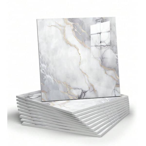 11.8 in. W x 11.8 in. H 10-Piece Marble Peel and Stick Backsplash Tile, Glue Up Back Shower Wall Panels in Gray White