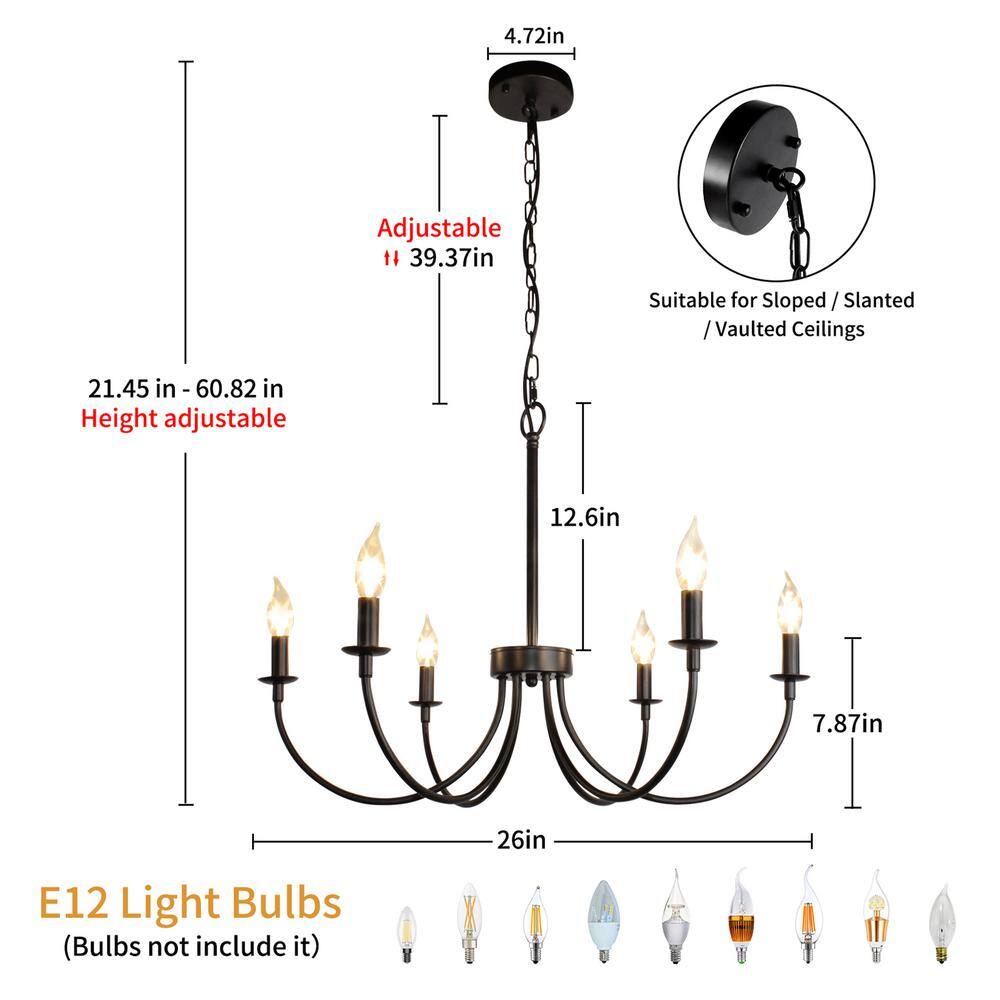 Black Metal 6-Light Candle Style Chandelier with Adjustable Chain