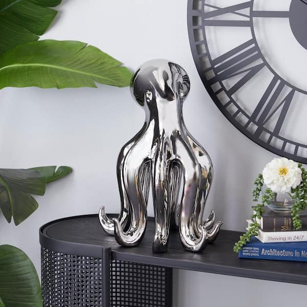 12 in. x 17 in. Silver Porcelain Tall Octopus Sculpture with Long Tentacles