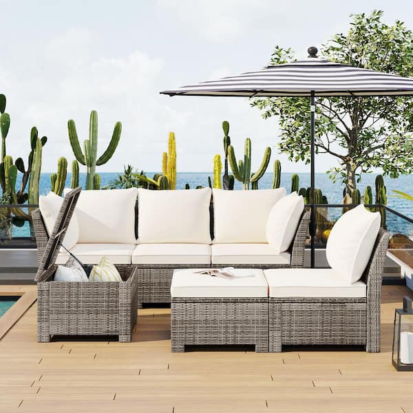 Unbranded Grey 6-Piece PE Wicker Rattan Outdoor Sectional Sofa Set with Beige Cushions and Storage Table