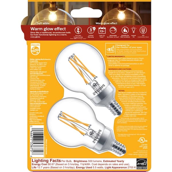 Philips 25-Watt Equivalent G16.5 Dimmable LED Light Bulb with Warm Glow Dimming Effect Candelabra Base Soft White (4-Pack) Philips 25-Watt Equivalent G16.5 Dimmable LED Light Bulb with Warm Glow Dimming Effect Candelabra Base Soft White (4-Pack)