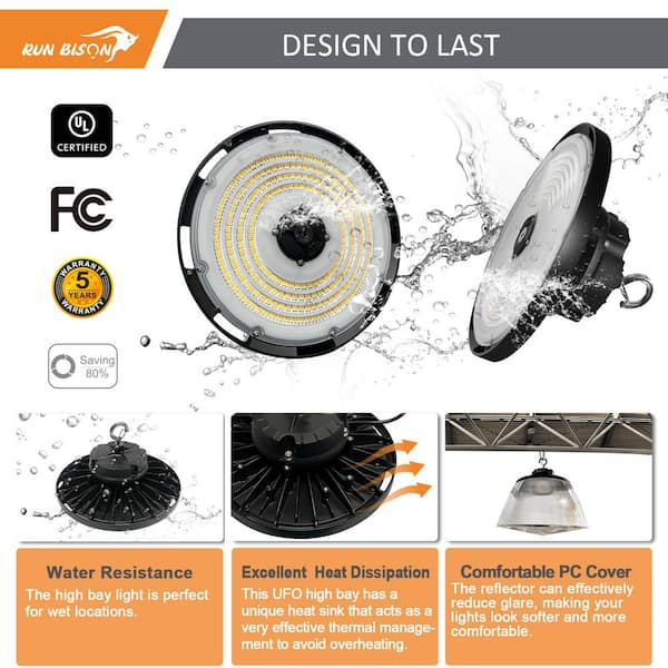 RUN BISON 12.6 in. Integrated UFO LED High Bay Light w/PC Cover LED Commercial lighting, up to 36000 Lumens, 3000/4000/5000K, UL