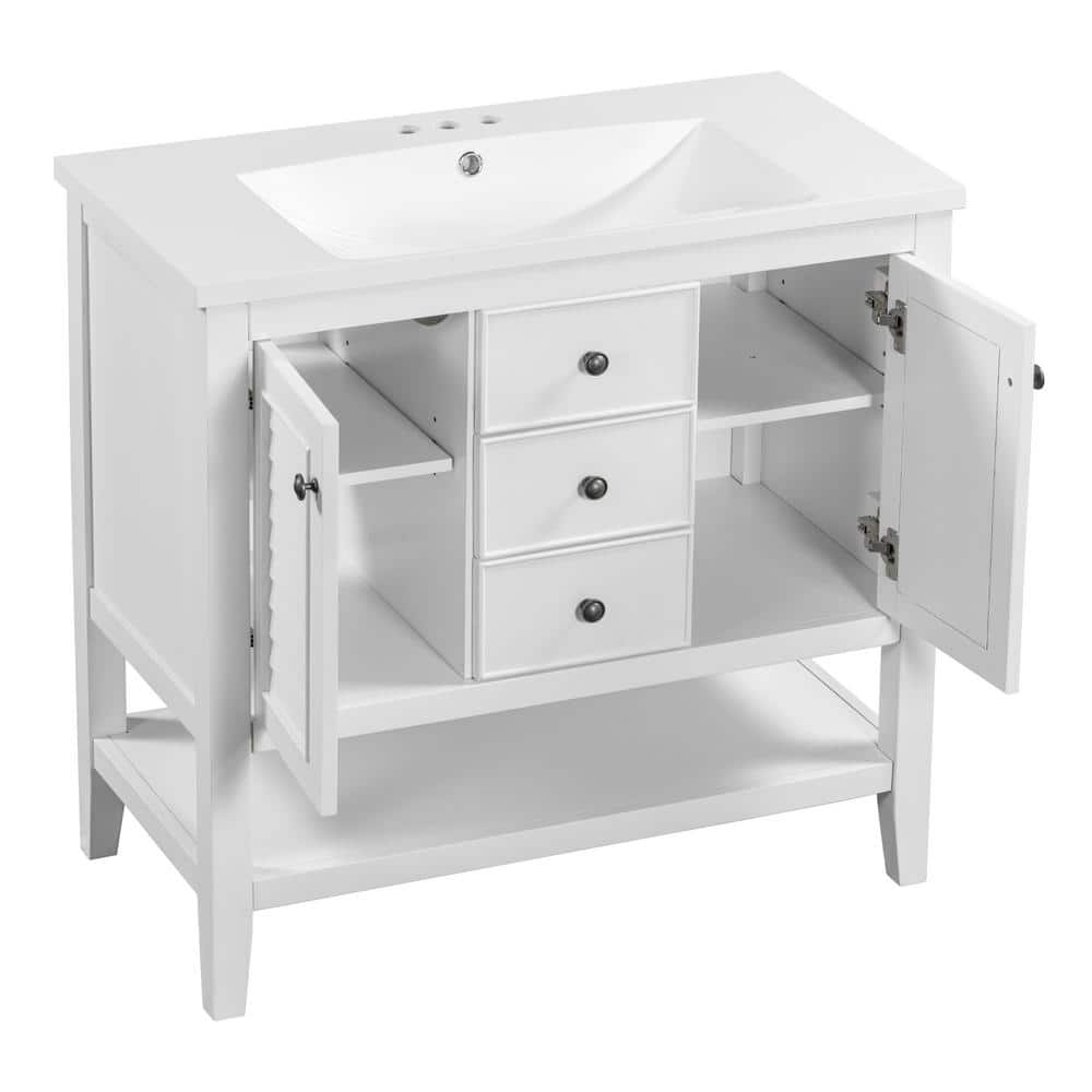 cadeninc 36 in. W x 19 in. D x 35 in. H White Bathroom Vanity with ...