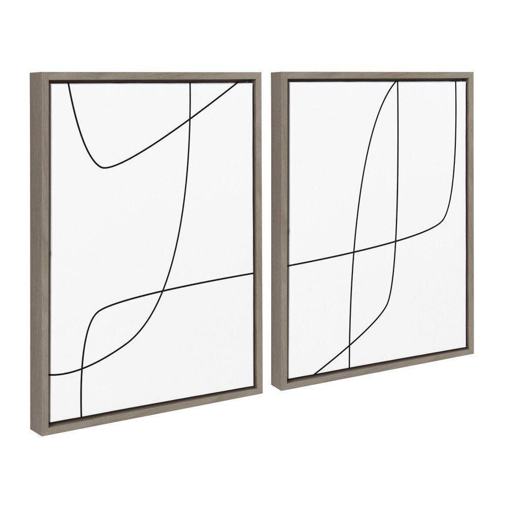 Modern Black and White Abstract Line Art on Canvas with Gray Frames, Set of 2