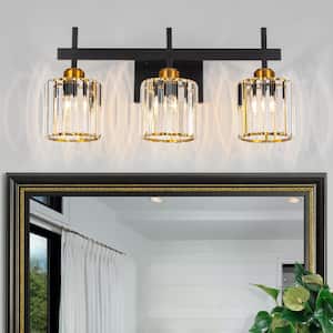 20.47 in. 3 Lights Black and Gold Modern Crystal Bathroom Vanity Light Over Mirror with Crystal Shades