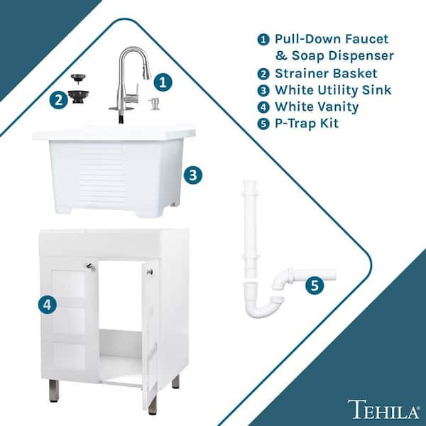 Tehila White Vanity Cabinet and White Utility Sink with Stainless Steel  Finish Low-Profile Pull-Down Faucet