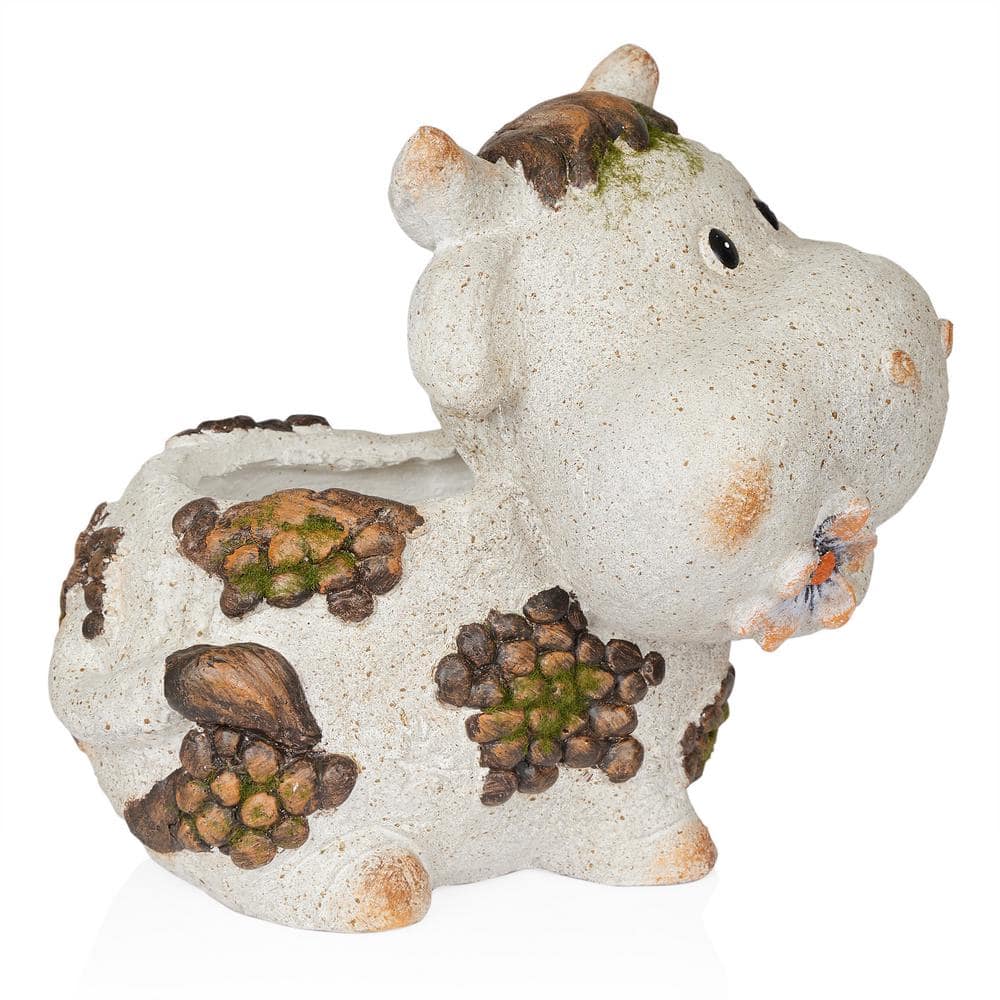 Gray Ceramic Smiling Cow Novelty Outdoor Planter with Drainage Hole