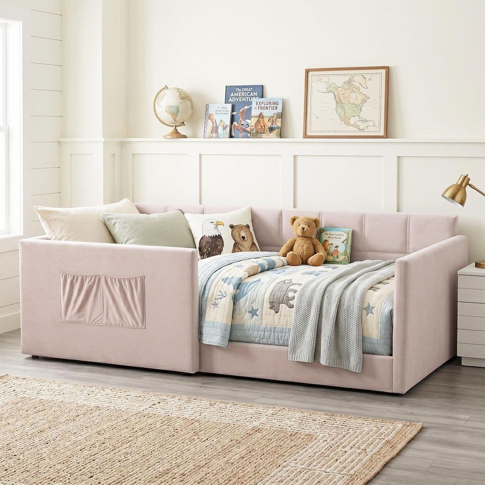 Harper & Bright Designs Pink Twin Size Velvet Upholstered Daybed