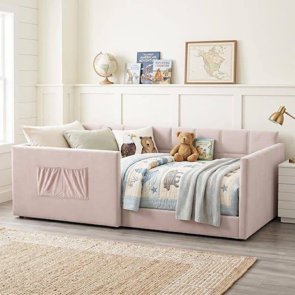 Pink Twin Size Velvet Upholstered Daybed with 2 Storage Pockets and Low-Profile Entrance