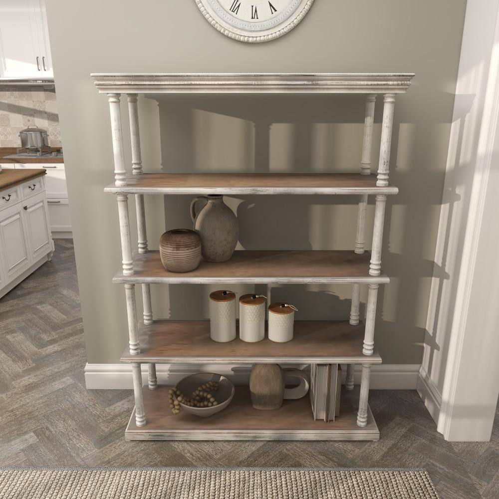 Rustic White and Brown Wood 5-Tier Shelving Unit