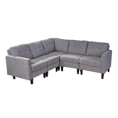 5-Piece Gray Tweed/Dark Brown Polyester L-Shaped Sectional Sofa with Wood Legs