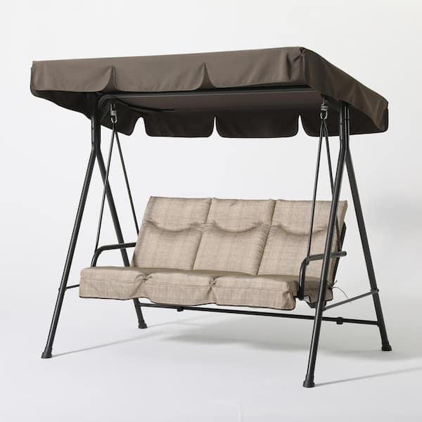 Uixe 3-Seat Khaki Metal Outdoor Adjustable Canopy Swing Chair with Cushions
