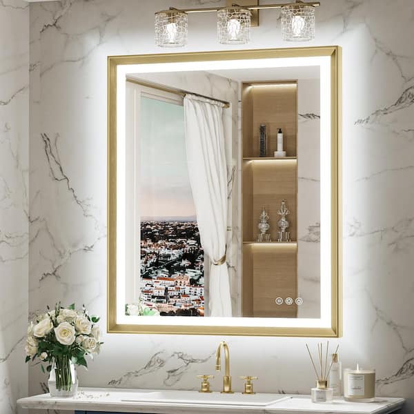 30 in. W x 36 in. H Rectangular Framed LED Lighted Bathroom Vanity Mirror with Light in Gold with Backlit and Anti-Fog