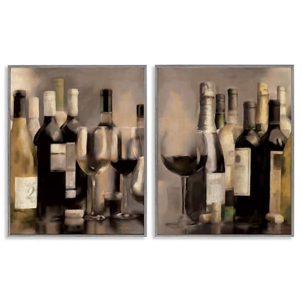 Kitchen Wine Bottles Setup by Carol Robinson 2 Pieces Gray Framed Food Giclee Art Print 14 in. x 11 in.