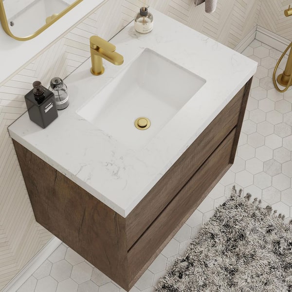 Aeroline 30 in. W x 19.29 in. D x 25.59 in. H Single Sink Float Antique Oak Bath Vanity w/Sar White Engineered Stone Top