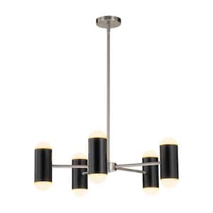 Cobina 5-Light Modern Black Polished Nickel Sputnik Cylinder Pendant Dimmable Integrated LED Chandelier for Living Room