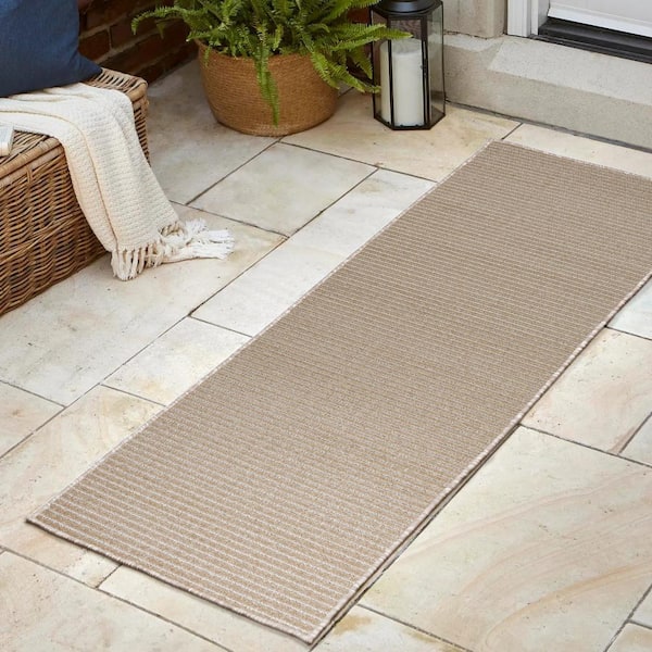 JONATHAN Y Aarhus High-Low Minimalist Scandi Striped Beige/Cream 2 ft. x 8 ft. Indoor/Outdoor Runner Rug