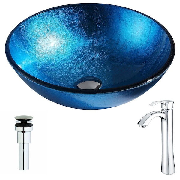 ANZZI Arc Series 17 in. Bathroom Vessel Sink in Lustrous Light Blue Tempered Glass with Harmony Faucet in Polished Chrome