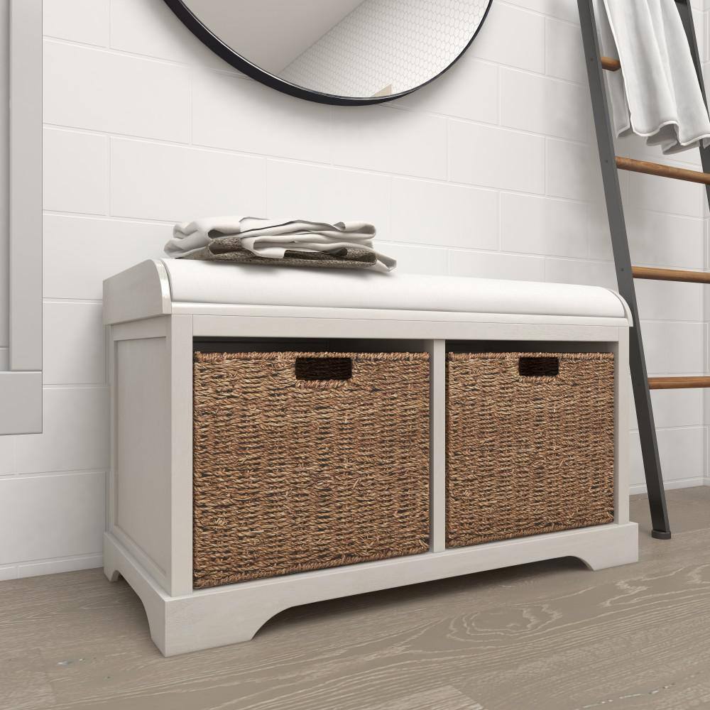 Elegant White Linen Cushioned Storage Bench with Wicker Baskets