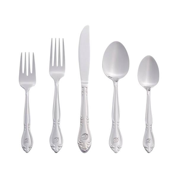 Rose Monogrammed Letter D 46-Piece Silver Stainless Steel Flatware Set (Service for 8)