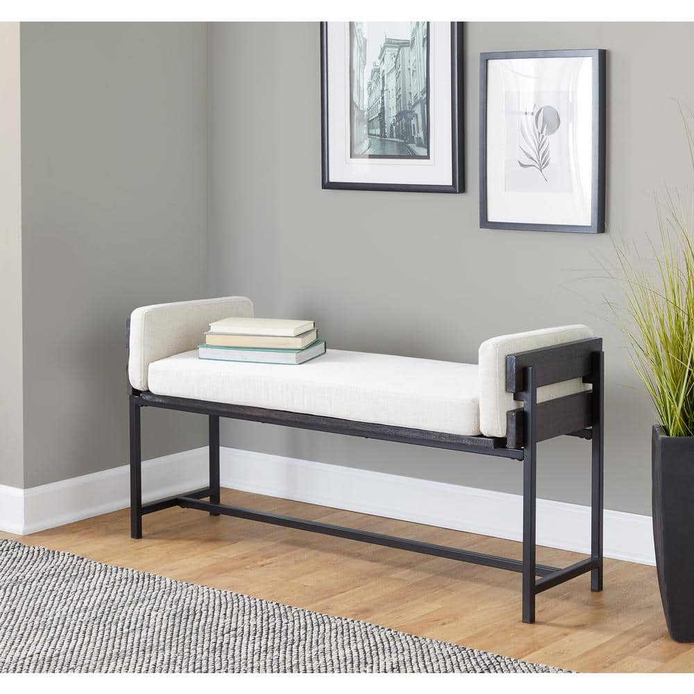 Lumisource Kari Cream Fabric Grey Wood and Black Metal 45.25 in. Bedroom Bench BC18 KARI2 BKGYCR1 The Home Depot