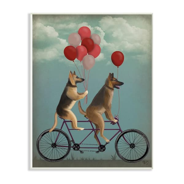 10 in. x 15 in. "German Shepard Dogs On Bicycle with Balloons" by Fab Funky Wood Wall Art