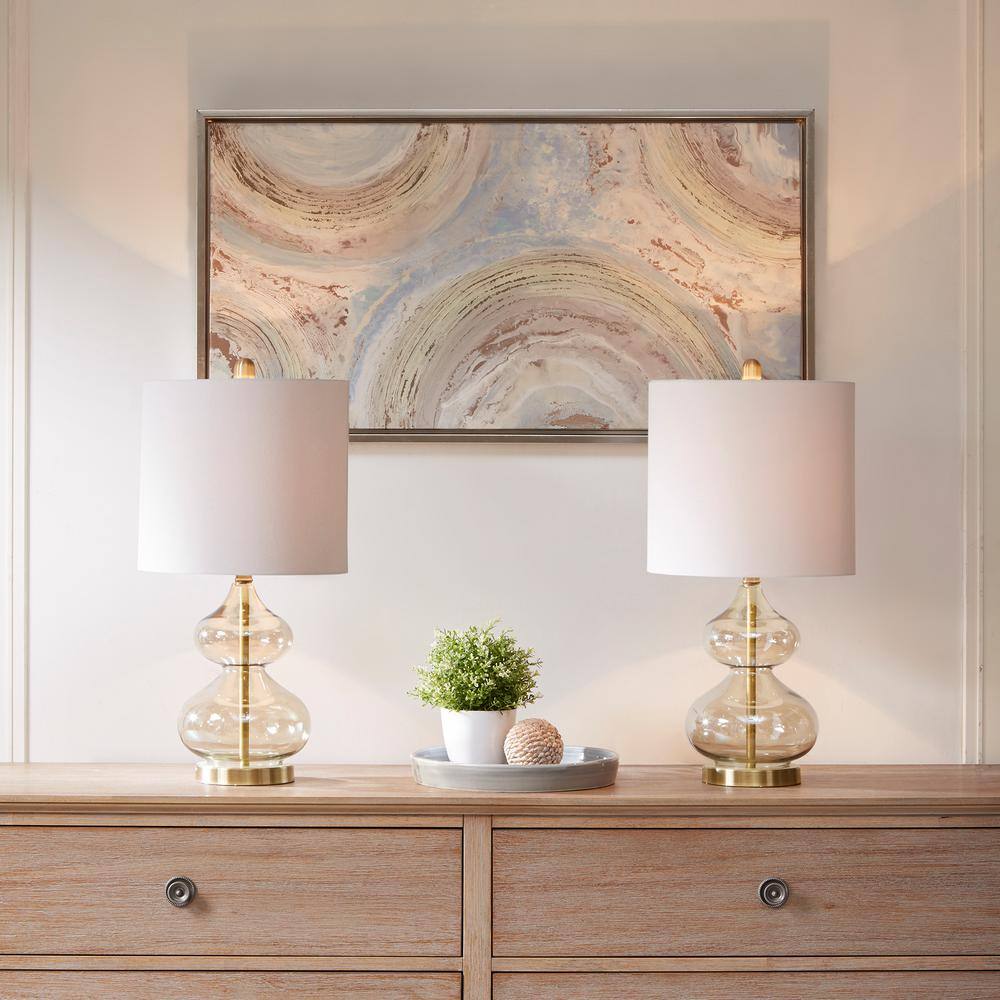 Gold Gourd Shape Glass Table Lamp Set with Drum Shade