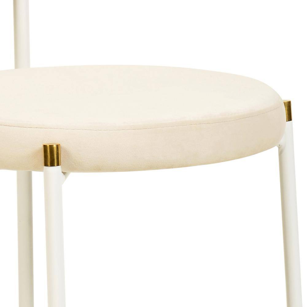 Beige Velvet Side Chair with Rattan Back and White Metal Frame