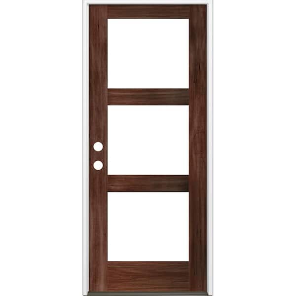 Krosswood Doors 32 in. x 80 in. Modern Hemlock Right-Hand/Inswing 3-Lite Clear Glass Red Mahogany Stain Wood Prehung Front Door