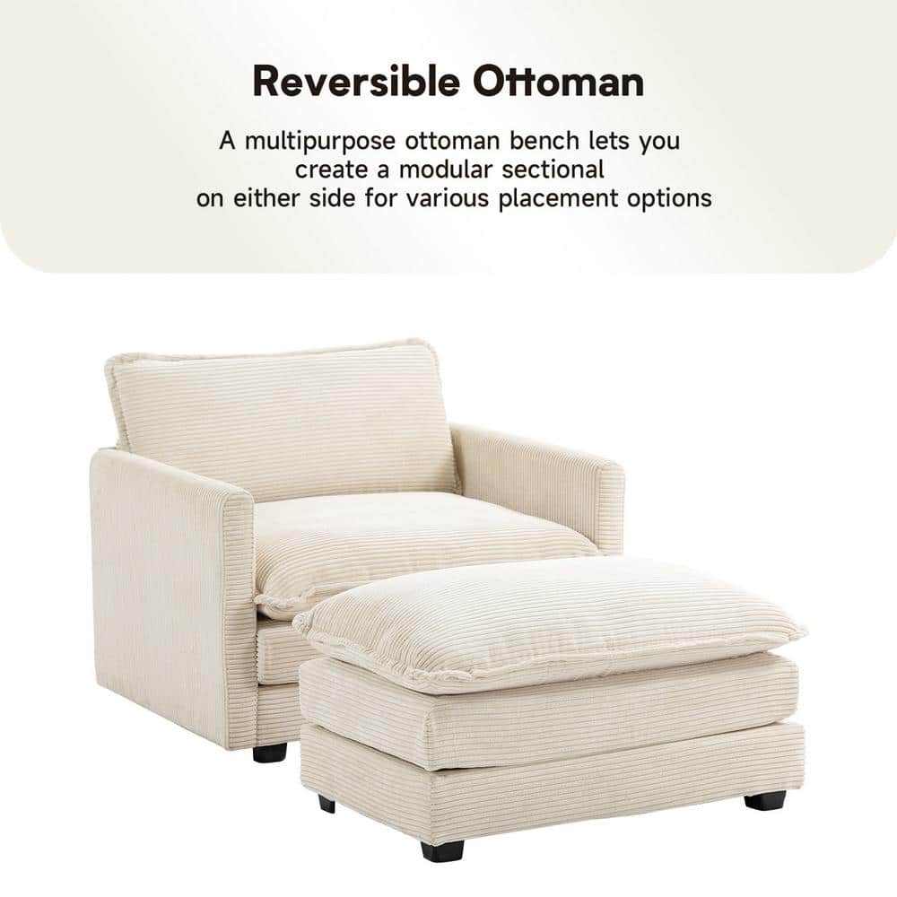 Beige Corduroy Club Chair with Ottoman and Metal Frame