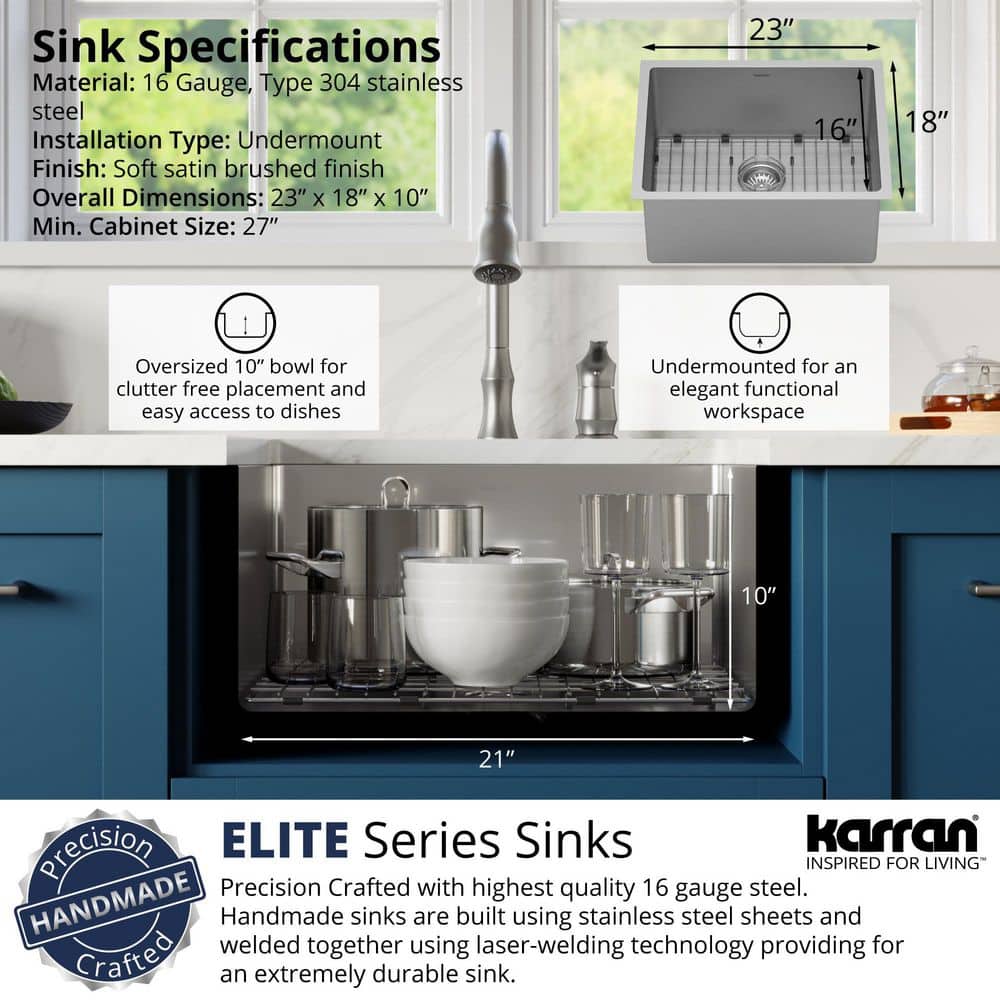 Elite 23" Stainless Steel Single Bowl Undermount Kitchen Sink