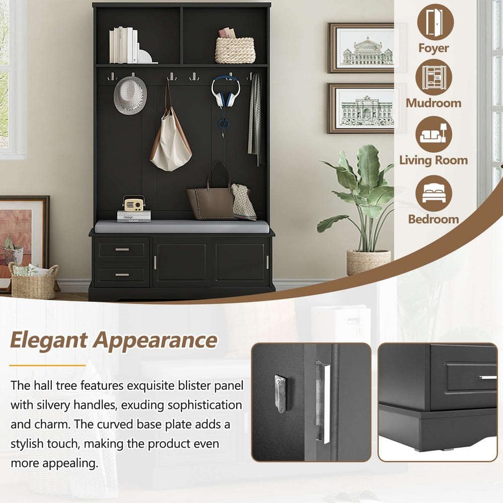 Black MDF Hall Tree with Storage and Hooks