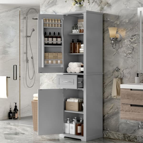 Runesay 20 in. W x 15.8 in. D x 72.1 in. H Gray Wood Freestanding Adjustable Shelves Linen Cabinet with 2 Different Size Doors