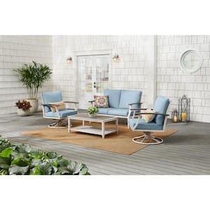 Marina Point 4-Piece White Steel Outdoor Patio Conversation Seating Set with CushionGuard Surf Blue Cushions