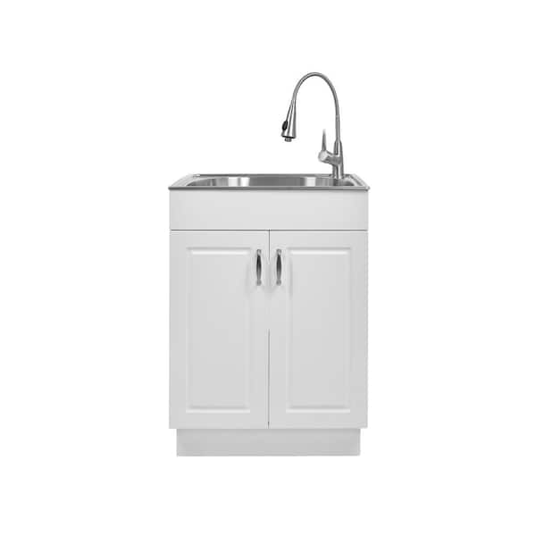 VINGLI 24-Inch Laundry Sink with Cabinet, Stainless Steel Sink with Pull-Out Sprayer Faucet White Cabinet Combo for Laundry Room, Utility Room