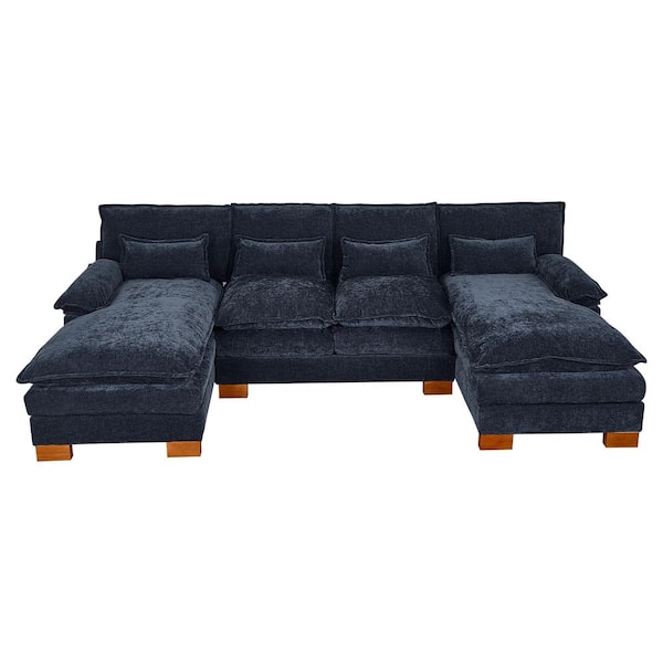 WONDER COMFORT Luxurious 112.6 in. Pillows Armrests 3-Piece U-Shaped Chenille Modular Sectional Sofa Couch with Chaises in. Blue