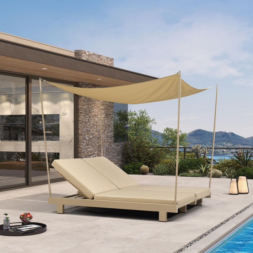 Aluminum Outdoor Chaise Lounge with Double Seat and Removable Canopy Patio Lounge Chair with Cushions Champagne