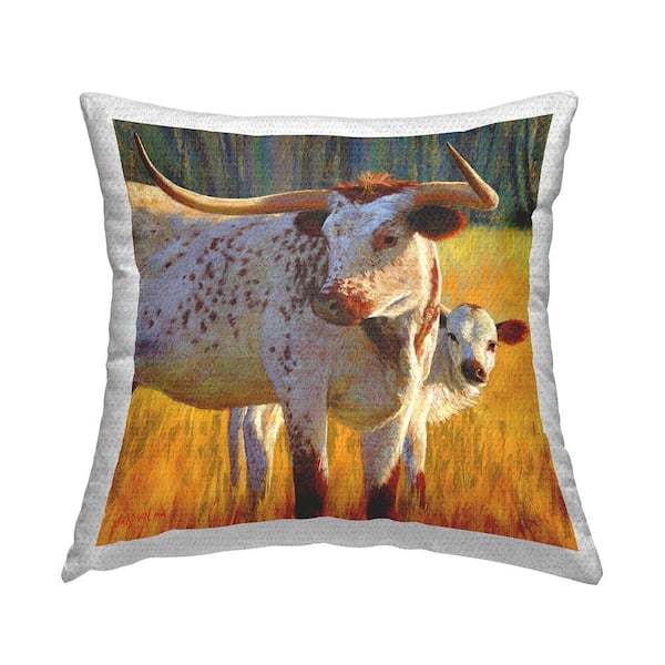 Stupell Industries Longhorn Cattle Calf Landscape Multi-Color Square Outdoor Throw Pillow