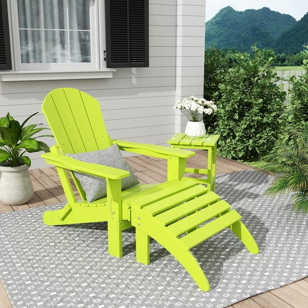 WESTIN OUTDOOR Laguna Classic Outdoor Patio Plastic Foldable Adirondack Chair with Ottoman and Side Table Set (3-Piece), Lime