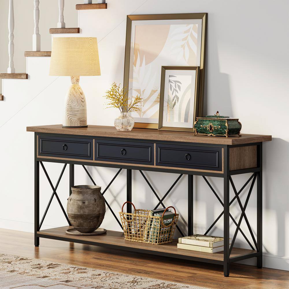 70.8" Black and Brown Wood Console Table with Storage