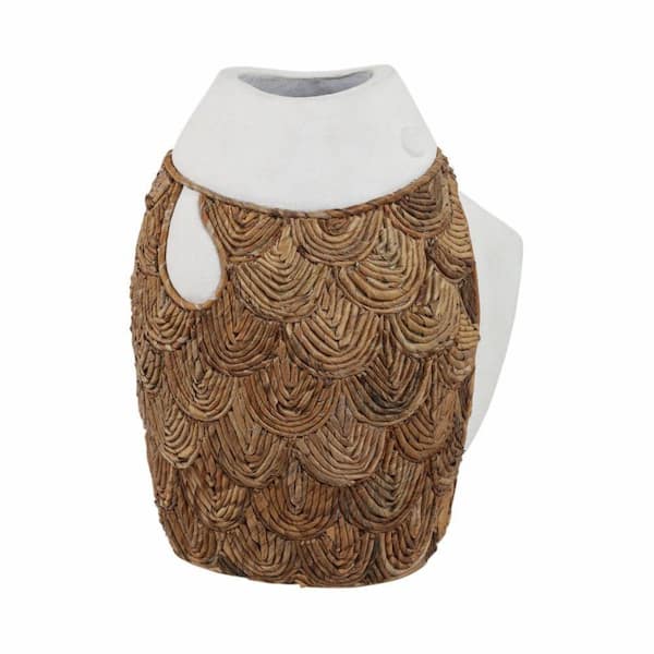 15 in. Ivory/Brown Terra Cotta Round Woven Scale Decorative Vase