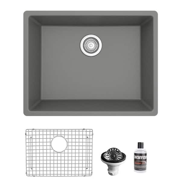 Karran Grey Quartz 24.38 in. Single Bowl Undermount Kitchen Sink with ...