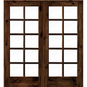 72 in. x 80 in. Knotty Alder Universal/Reversible 10-Lite Clear Glass Red Mahogany Stain Wood Double Prehung French Door