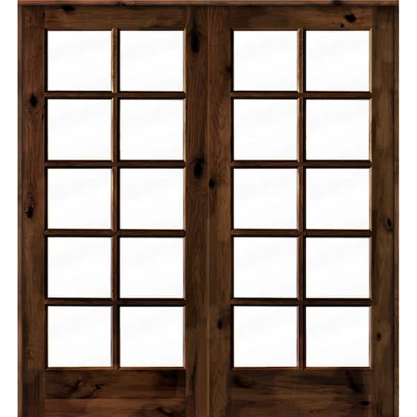 Krosswood Doors 72 in. x 80 in. Knotty Alder Universal/Reversible 10-Lite Clear Glass Red Mahogany Stain Wood Double Prehung French Door