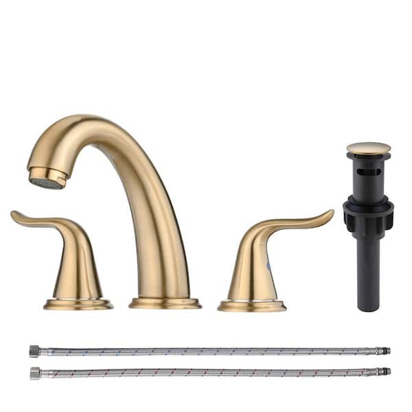 Double Handle 8 in. Widespread Bathroom Faucet, 3-Hole Faucet with Pop Up Drain and Y Shaped Hose in Brushed Gold