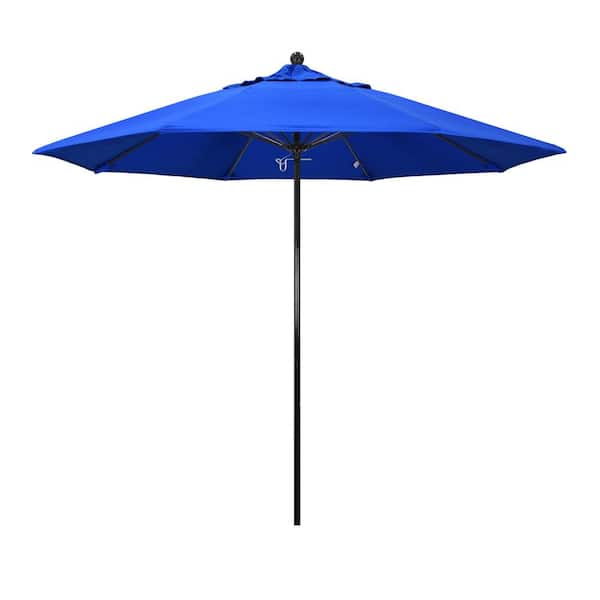 California Umbrella 9 ft. Black Fiberglass Commercial Market Patio Umbrella with Fiberglass Ribs and Push Lift in Pacific Blue Sunbrella