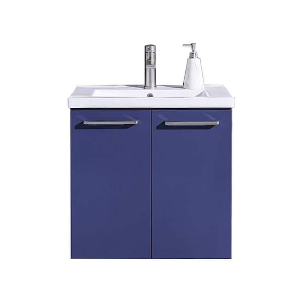 VC CUCINE 24 in. W x 18 in. D x 24 in. H Modern Floating Bathroom Vanities in Dark Blue with White Ceramic Top with Single Sink