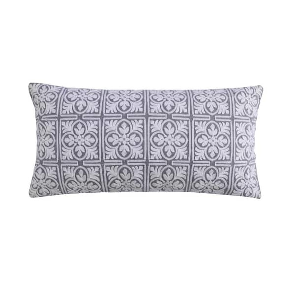LEVTEX HOME Legacy Grey, White Embroidered Medallion 24 in. x 12 in. Throw Pillow