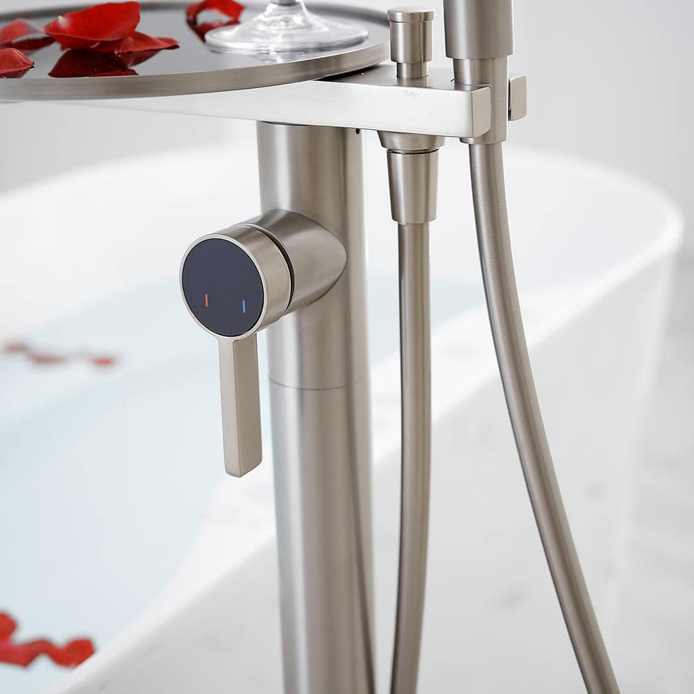 Brushed Nickel Freestanding Roman Tub Faucet with Hand Shower and Tray