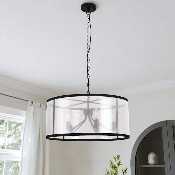 PAKOKULA Farmhouse 5-Light Black Candlestick Branch Chandelier with White Fabric Drum Shade